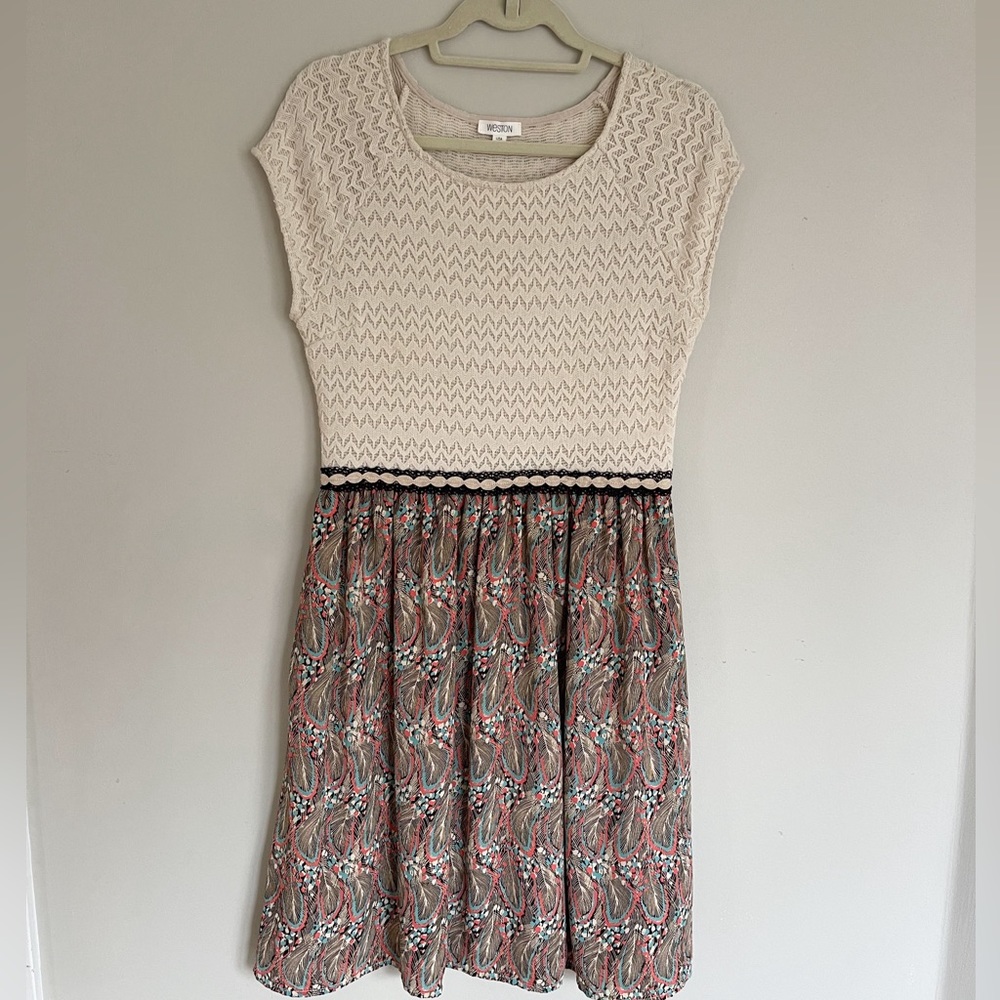 Anthropologie Weston Dress Cream Woven Bodice, Design Skirt A Line Size Medium - Picture 5 of 11